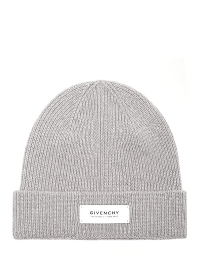 Shop Givenchy Logo Patch Ribbed Beanie In Grey