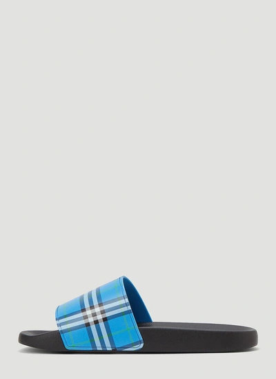 Shop Burberry Check Print Slides In Blue
