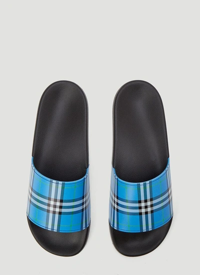 Shop Burberry Check Print Slides In Blue