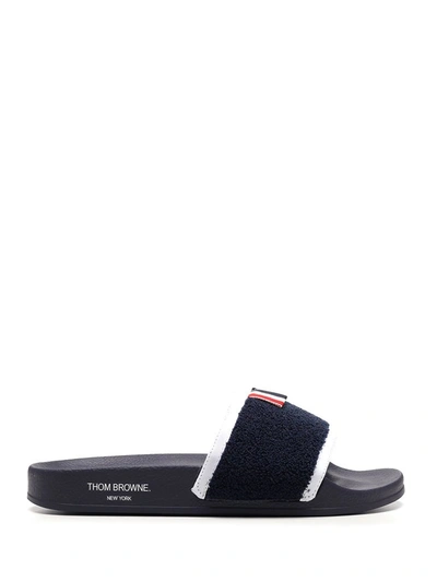 Shop Thom Browne Terry Cloth Pool Slides In Blue