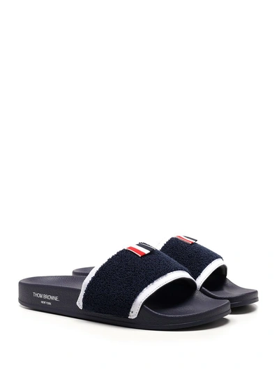 Shop Thom Browne Terry Cloth Pool Slides In Blue