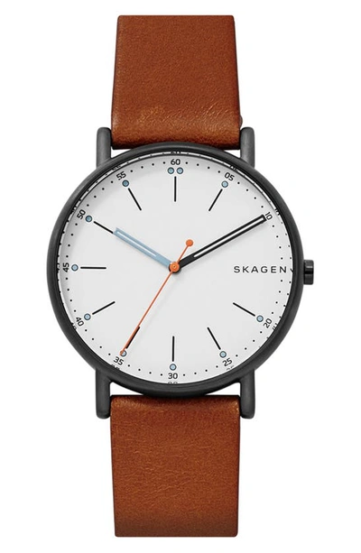 Shop Skagen Signatur Leather Strap Watch, 40mm In Brown/ White/ Black