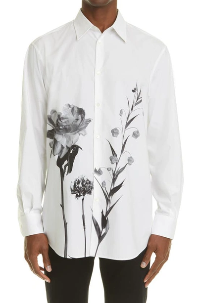 Shop Valentino Floral Print Long Sleeve Button-up Poplin Shirt In White/ Black