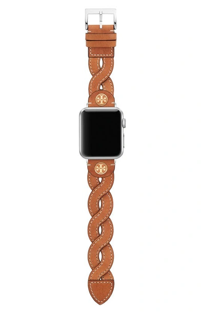 Shop Tory Burch Braided Leather 20mm Apple Watch® Watchband In Caramel
