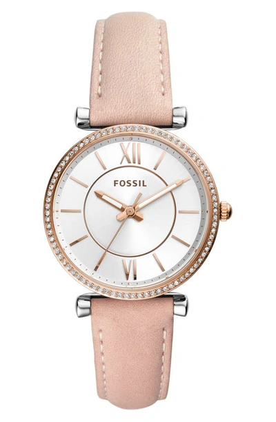Shop Fossil Carlie Leather Strap Watch, 35mm In Pink/ Silver/ Rose Gold