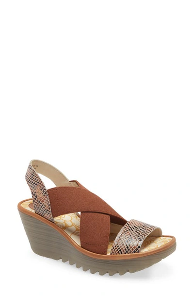 Shop Fly London Yaji Cross Wedge Sandal In Tan Snake Print Leather