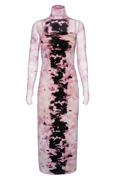 Shop Afrm Shailene Sheer Long Sleeve Dress In Placement Mauve Tie Dye