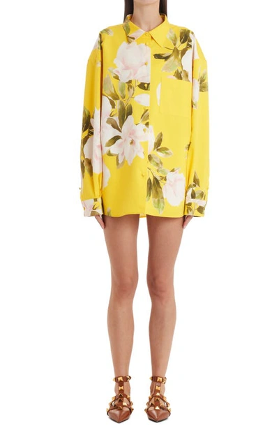 Shop Valentino Peonia Floral Print Cotton & Silk Jacket In Multicolor/ Bright Yellow Ik9