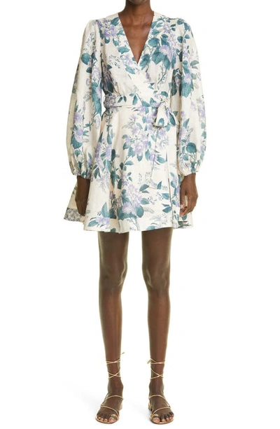 Shop Zimmermann Cassia Floral Print Linen Wrap Minidress In Hydrangea Floral