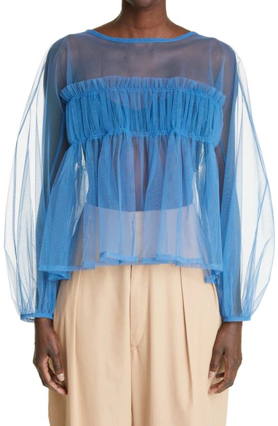 Shop Molly Goddard Alby Gathered Tulle Blouse In Blue