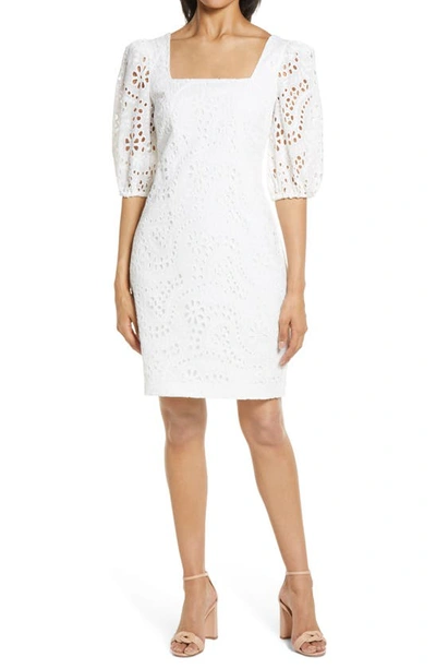 Eliza J Balloon Sleeve Eyelet Dress In White