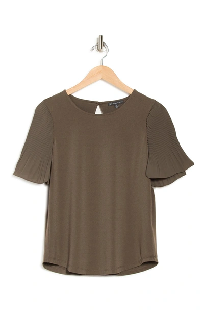 Shop Adrianna Papell Pleated Woven Short Sleeve Top In Fatigue