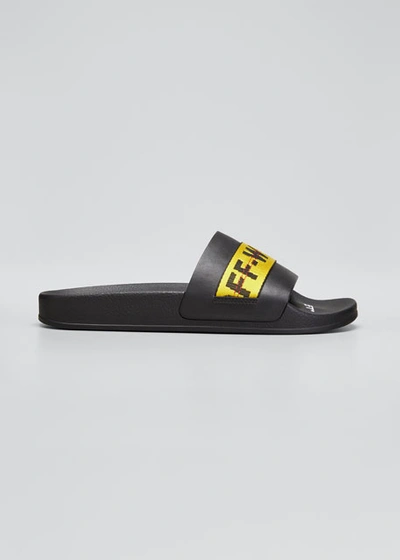 Shop Off-white Men's Industrial Leather Slide Sandals In Black / Yellow