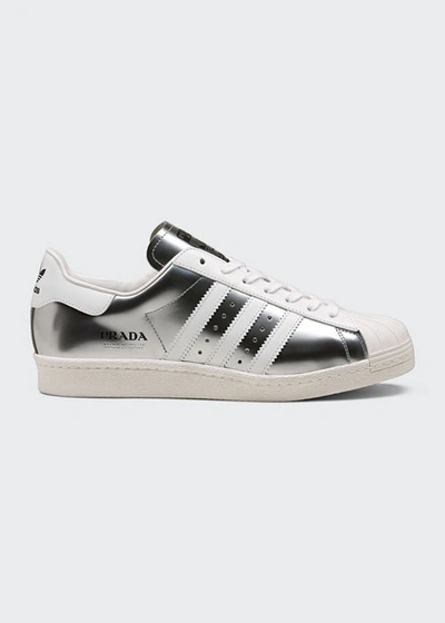 Shop Adidas X Prada Men's Superstar 450 Metallic Leather Sneakers In Silver