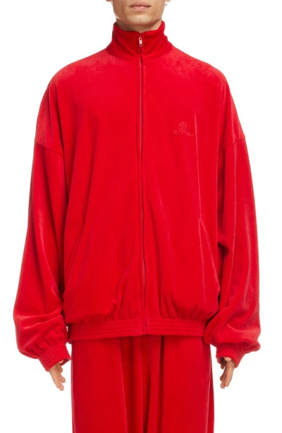 Shop Balenciaga Hotels Logo Distressed Oversize Track Jacket In Red