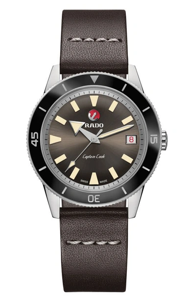 Shop Rado Hyperchrome Captain Cook Automatic Leather Strap Watch, 37.3mm In Brown/ Silver