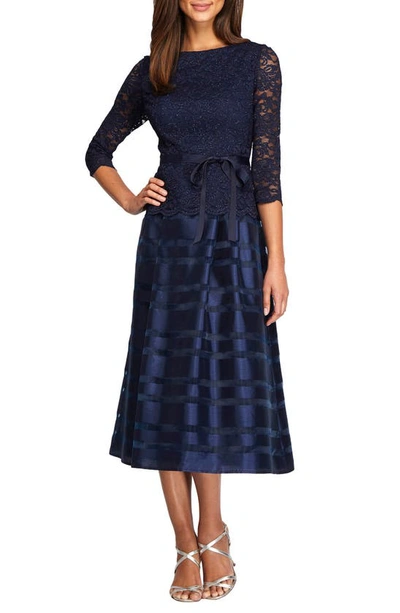 Shop Alex Evenings Mixed Media Fit & Flare Dress In Navy