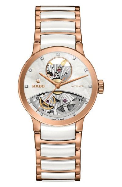Shop Rado Centrix Open Heart Automatic Diamond Ceramic Bracelet Watch, 33mm In White/ Mop/ Rose Gold