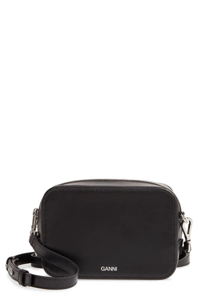 Shop Ganni Recycled Textured Leather Camera Crossbody Bag In Black