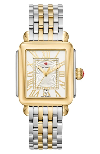 Shop Michele Deco Madison Diamond Dial Bracelet Watch, 33mm In Gold/ Silver