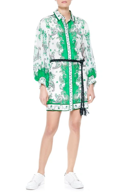 Shop Alice And Olivia Oralia Belted Long Sleeve Silk Blend Shirtdress In Love Letter Multi