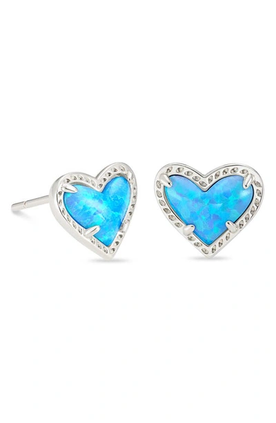 Shop Kendra Scott Ari Heart Stud Earrings In Rhodium/ Ocean Kyocera Opal
