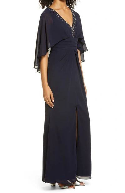 Shop Vince Camuto Beaded Neckline Capelet Gown In Navy