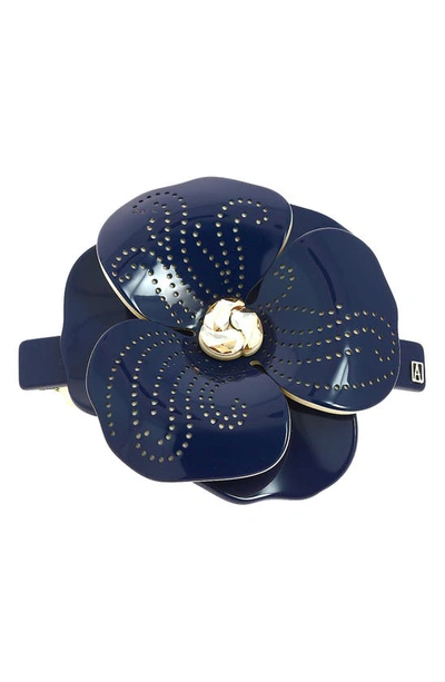 Shop Alexandre De Paris Camellia Crystal Barrette In Navy Blue