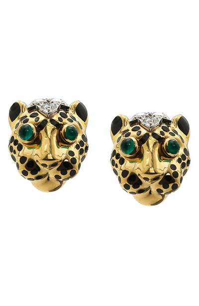 Shop David Webb Kingdom Diamond Leopard Stud Earrings In Yellow Gold