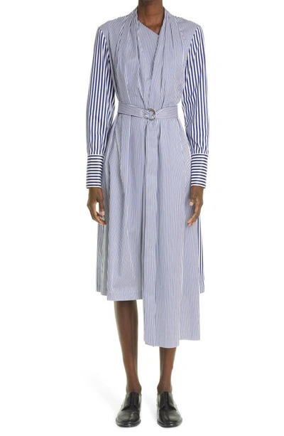 Shop Partow Taylor Belted Long Sleeve Asymmetrical Midi Dress In Bold Navy Stripe Combo
