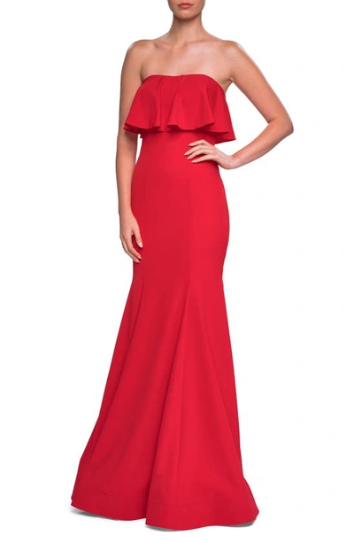 Shop La Femme Strapless Popover Trumpet Gown In Poppy Red