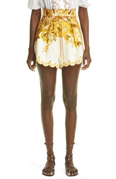 Shop Zimmermann Aliane Scalloped Linen Shorts In Amber Floral