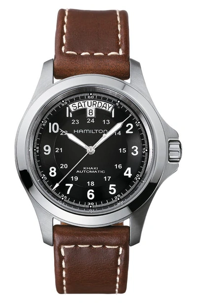 Shop Hamilton Khaki King Automatic Leather Strap Watch, 40mm In Brown/ Black/ Silver