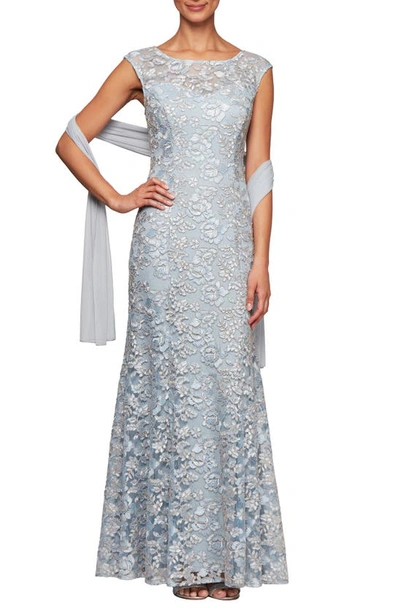 Shop Alex Evenings Floral Embroidered Evening Gown With Wrap In Light Blue