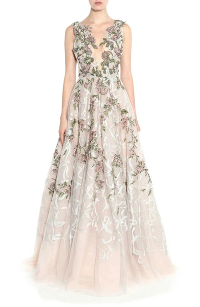 Shop Marchesa Floral Sequin Silk Tulle Gown In Blush