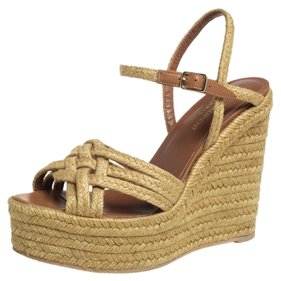 Pre-owned Saint Laurent Beige Braided Jute Platform Wedge Ankle Strap Sandals Size 39