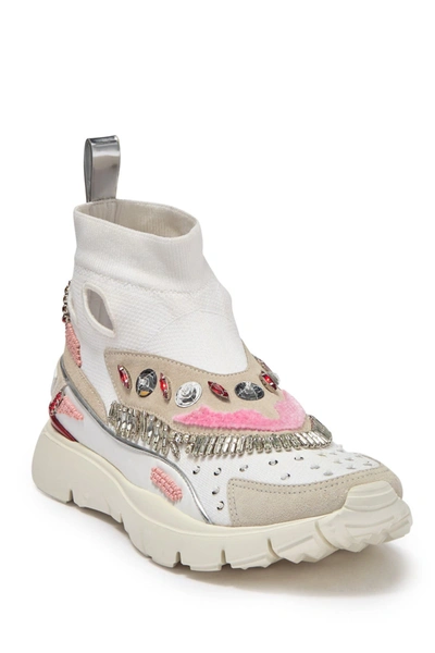 Shop Valentino Embellished Sneaker In Light Ivory/bianco/rosso