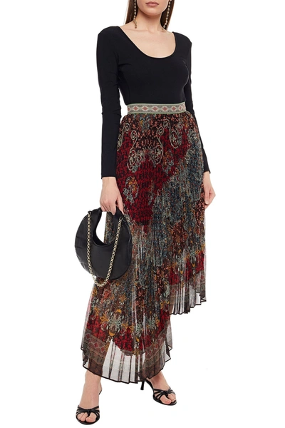 Shop Alice And Olivia Asymmetric Pleated Printed Crepon Skirt In Multicolor