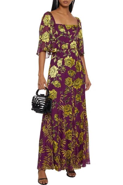 Shop Alice And Olivia Clarine Floral-print Burnout Chiffon Maxi Dress In Violet