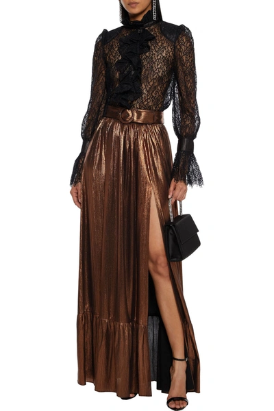 Shop Retroféte Serene Belted Lamé Maxi Skirt In Copper