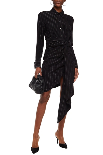 Shop Redemption Wrap-effect Draped Metallic Striped Crepe Mini Dress In Black