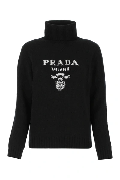 Shop Prada Intarsia Logo Turtle Neck Sweater In Black