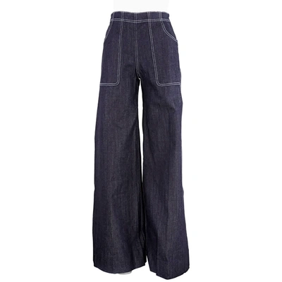 Shop Burberry Topstitched Wide Leg Denim Jeans, Waist Size 27'' In Blue