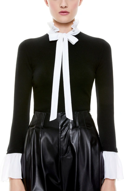 Shop Alice And Olivia Cornelia Tie Neck Pullover In Black/ Soft White Combo