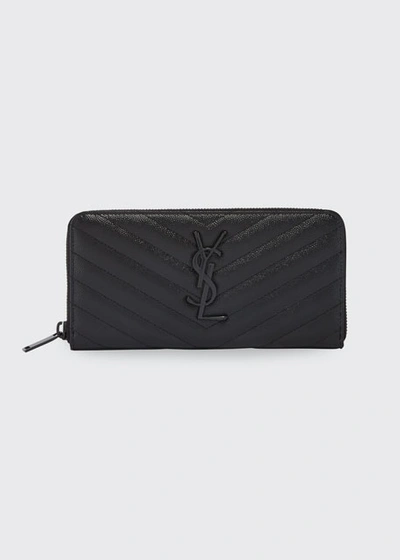 Shop Saint Laurent Ysl Monogram Large Zip Wallet In Grained Leather In Black