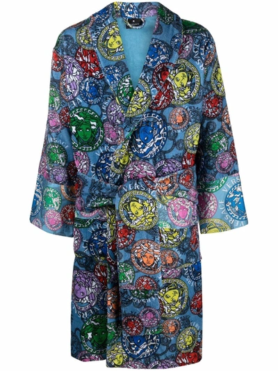 Shop Versace Medusa Motif Towelling Robe In Blue
