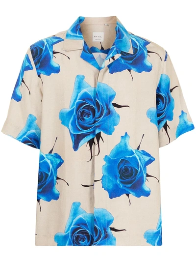 Beige & Blue Monarch Rose Short Sleeve Shirt In Blue Rose