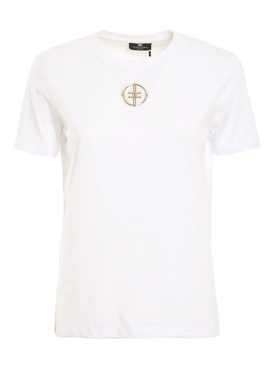 Shop Elisabetta Franchi Rhinestoned Gold-tone Logo T-shirt In Gesso Color In White