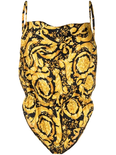 Shop Versace Barocco-print Silk Bodysuit In Gold
