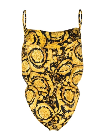 Shop Versace Barocco-print Silk Bodysuit In Gold